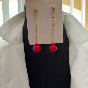 Gold Long Chain Red Bead Stud Earrings